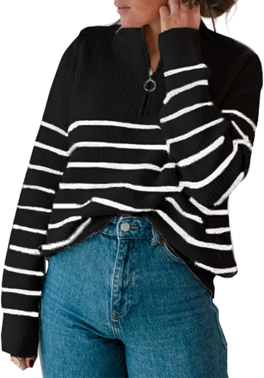 Wongn Wongn And Winter Women's Sweater Fashion Women's Long Sleeve Knit Zip Striped Pulper