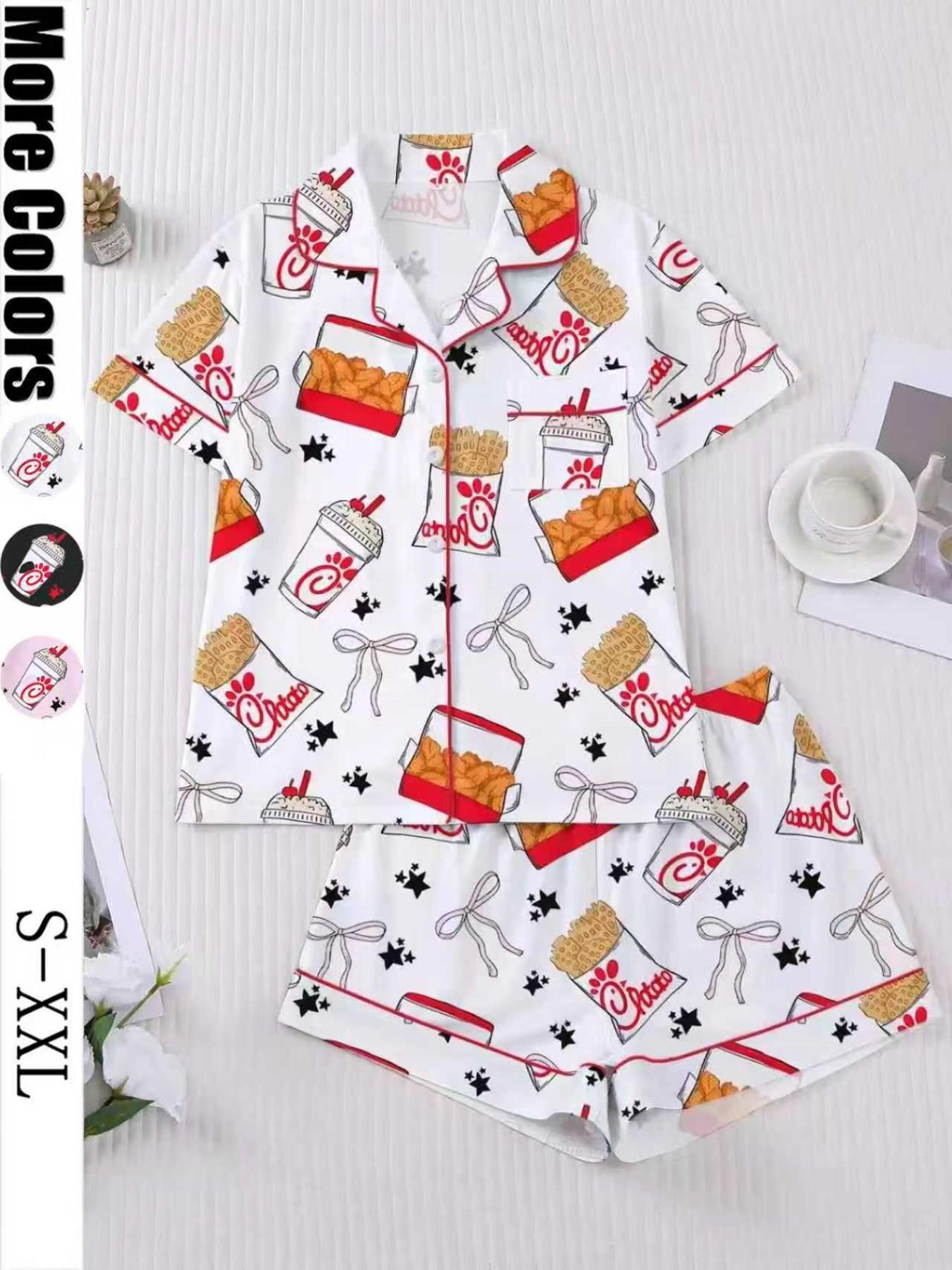 Women's Snack Chicken Bow Print Pajama Set, Short Sleeve Button-Up Soft Top & Loose Elastic Shorts, Casual Home Wear Loungewear for Daily Use Pyjamas