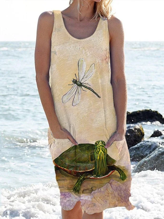🔥Buy 3 Get 10% Off🔥Women's Ethnic Beach Holiday Turtle Dragonfly Print Sling Dress