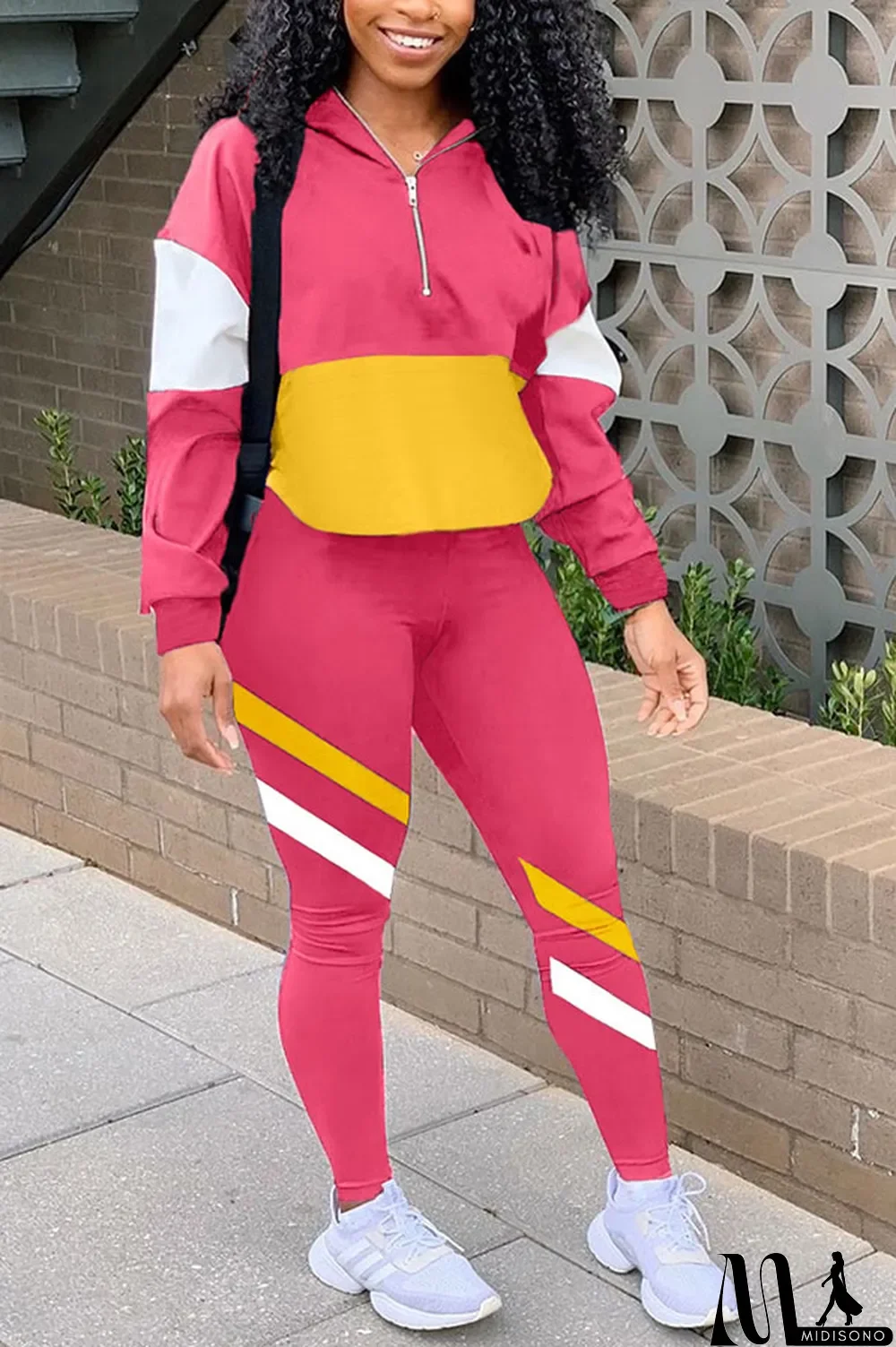 MidiSono - Fluorescent green Casual Striped Print Zippered Split Joint Mandarin Collar Long Sleeve Two Pieces