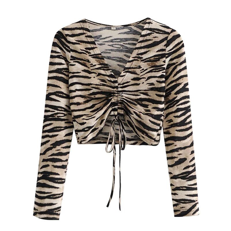 TRAF Women Fashion With Drawstring Animal Print Cropped Blouses Vintage V Neck Long Sleeve Female Shirts Chic Tops