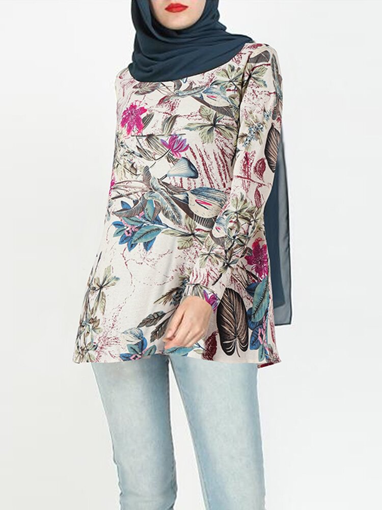 Floral Leaves Print Long Sleeve Casual Muslim Blouse for Women P1798126