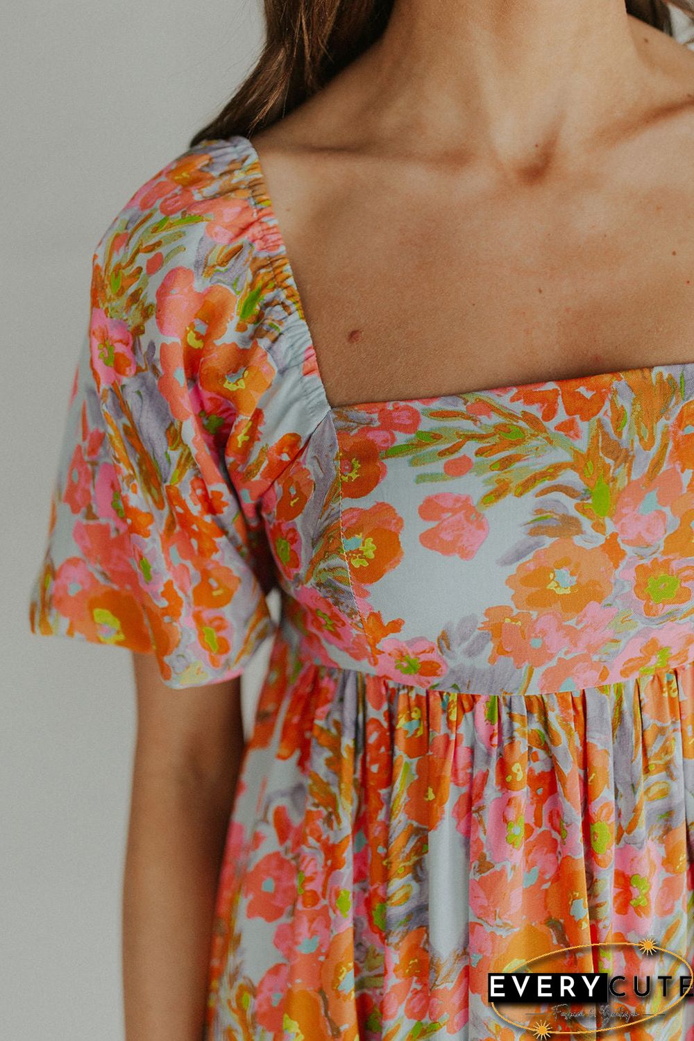 Orange High Waist Square Neck Puff Sleeve Floral Dress