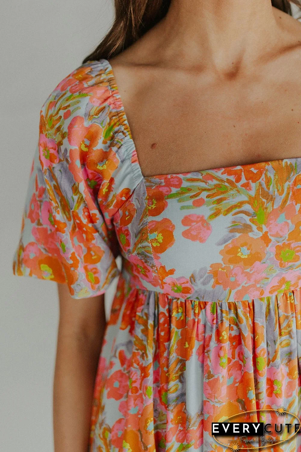 Orange High Waist Square Neck Puff Sleeve Floral Dress