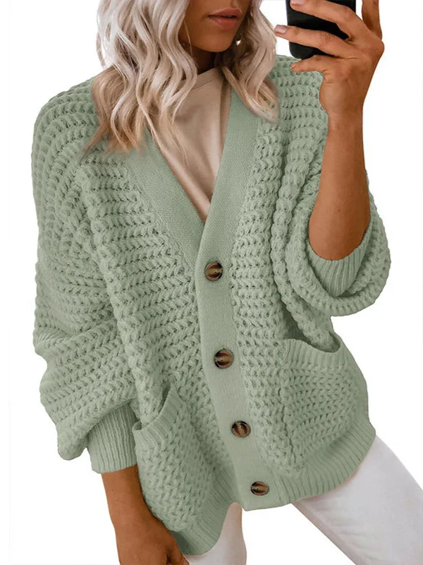 Athvotar Athvotar And Winter New Single-Dbutton V-Neck Sweater Women Loose Lantern Sleeve Jacket