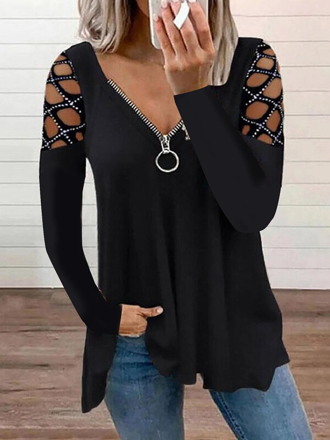 Women's Long Sleeve V-neck  Hollow Stitching Top
