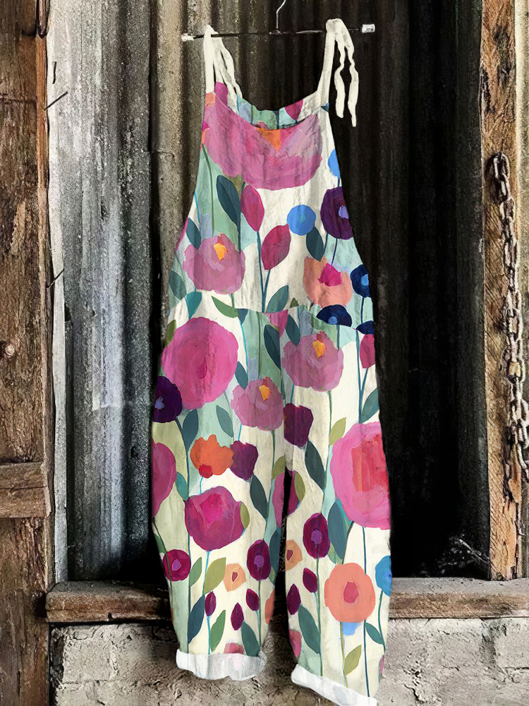 Comstylish Vintage Colorful Flowers Art Print Linen Loose Casual Jumpsuit