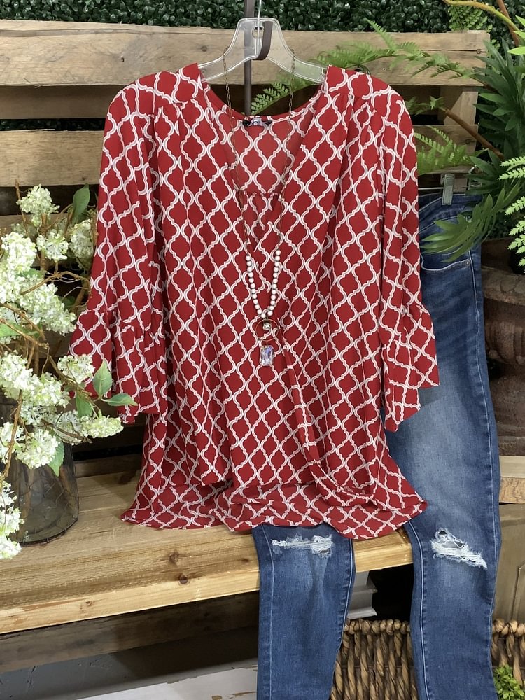 Geometric pattern V-neck print top-Mayoulove