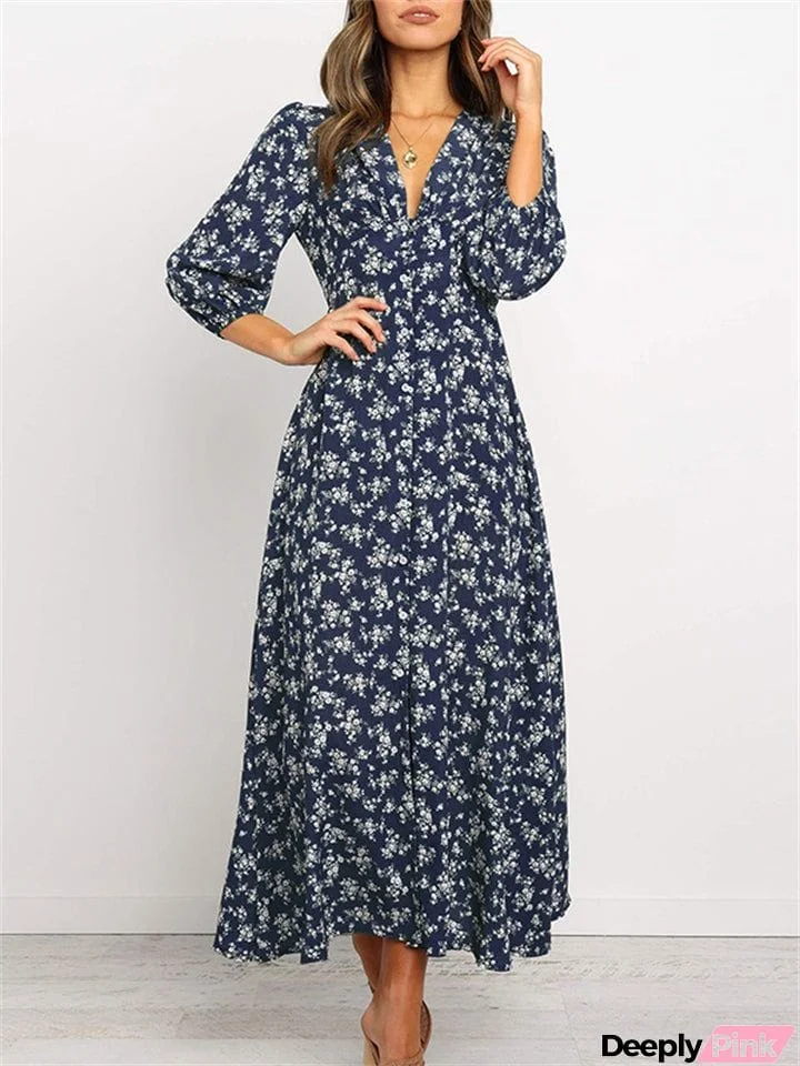 Women's Vintage Floral Lantern Sleeves High-waisted Dress