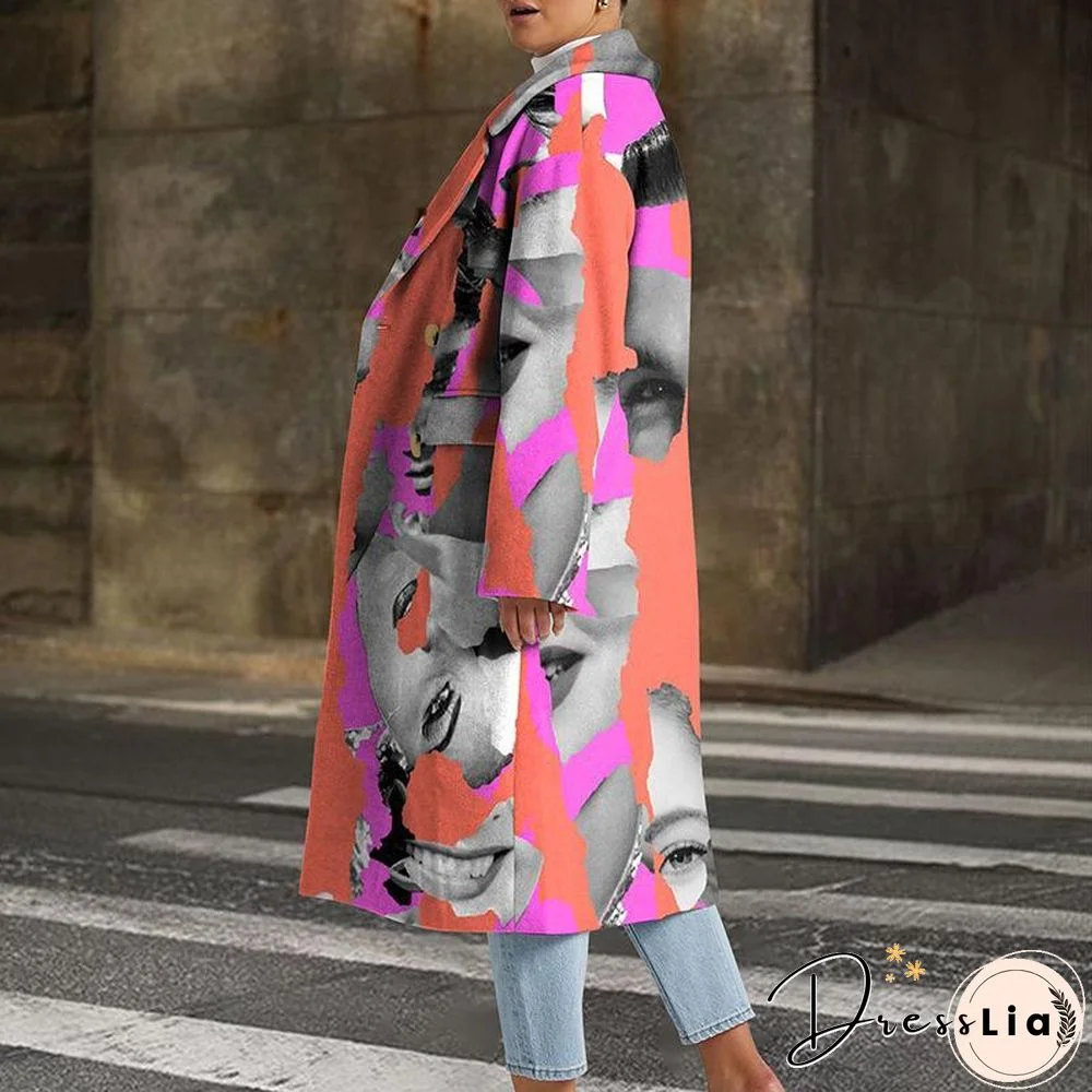 Leaves And Figure Printed Long Coat