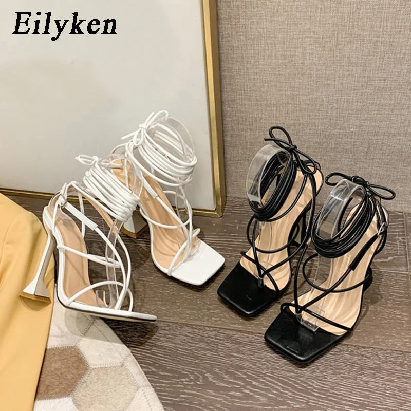 Eilyken 2022 New Women Gladiator knee high Sandals Open toe Lace up Cross Strappy Sandals Women High heels Fashion Sexy shoes