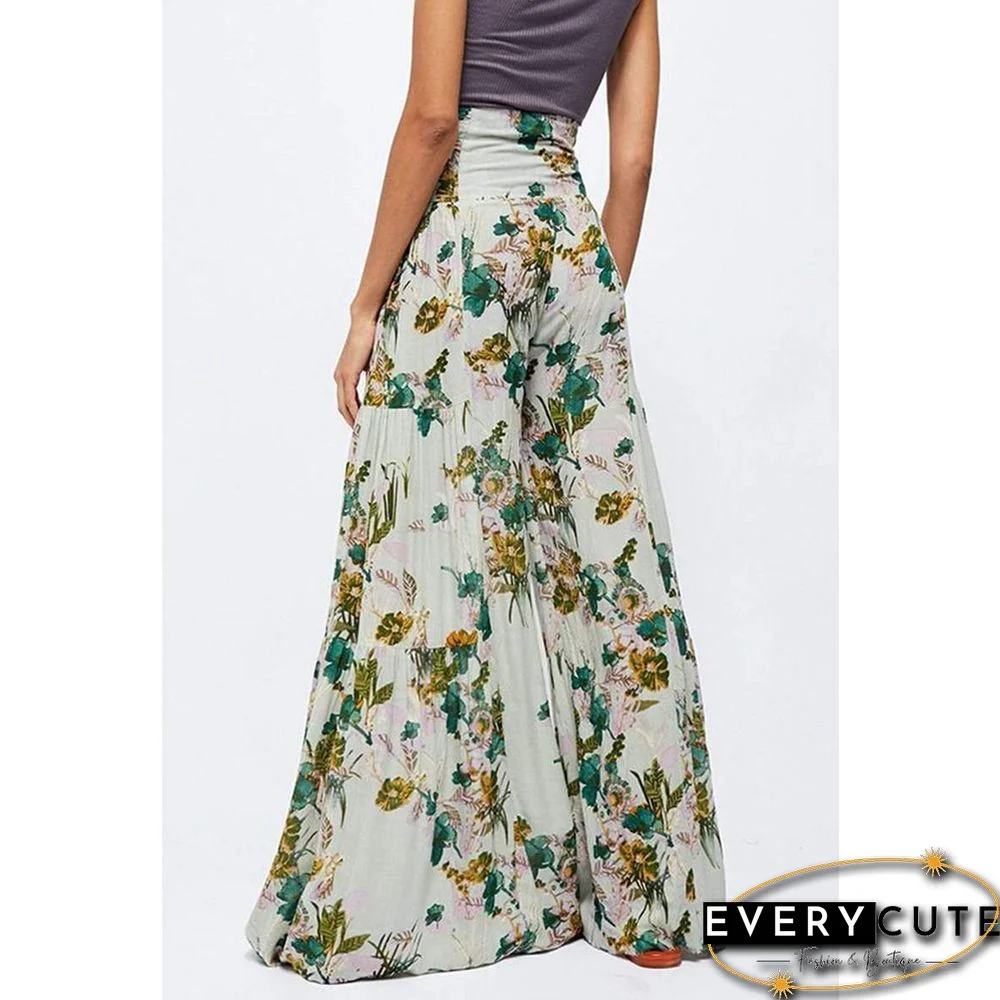 Light Green Digital Print Tie Waist Beachwear Wide Leg Pants