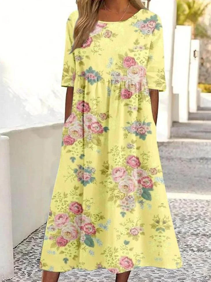 Vintage Floral Print Round Neck Pocket Midi Dress