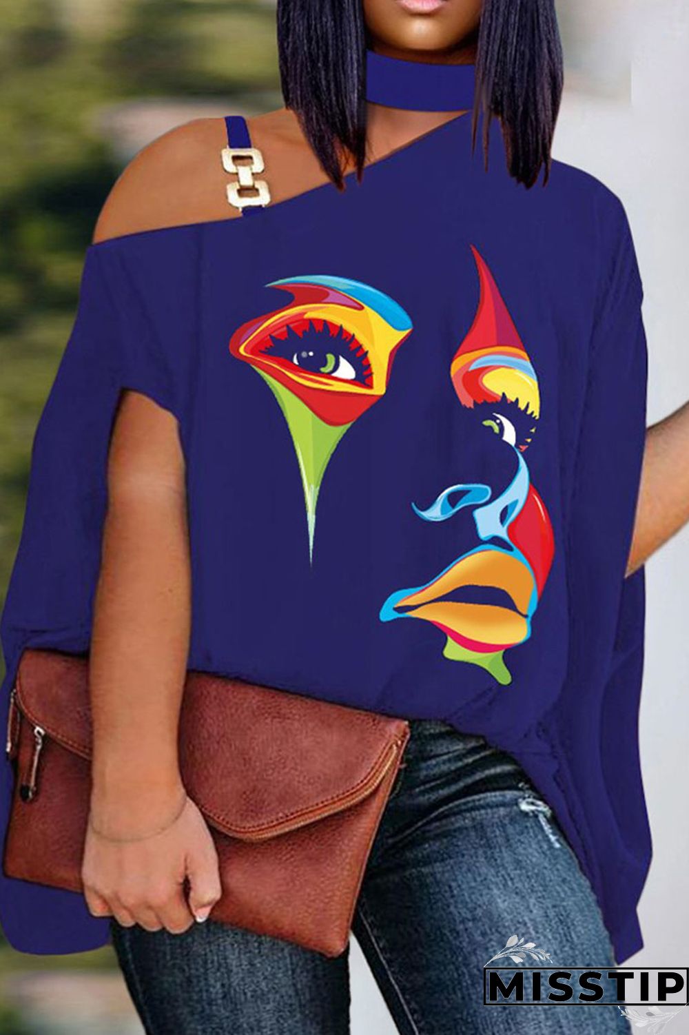 Gradient Color Casual Print Patchwork Asymmetrical Collar Plus Size Tops