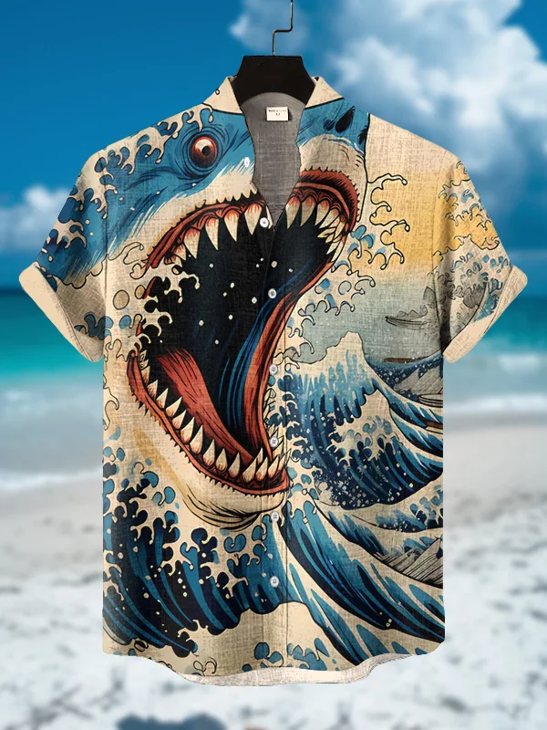 Men's Giant Shark In The Waves Art Print Short Sleeve Shirt