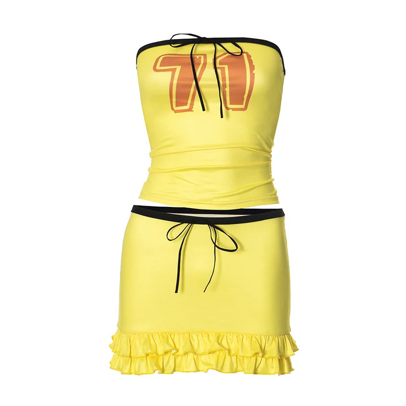 Athvotar Women's Summer New Drawstring Strapless Tectar T-Shirt Wood-Eared Half-Dress Suit