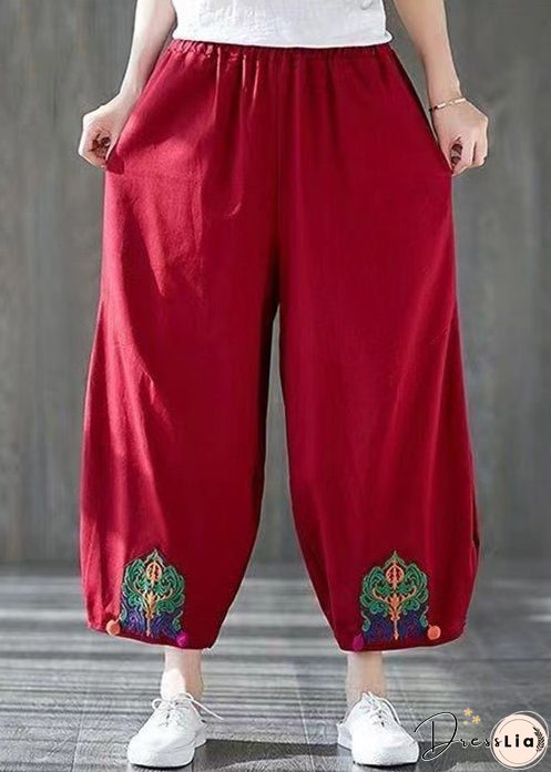 Red Pockets High Waist Cotton Crop Pants Embroidered