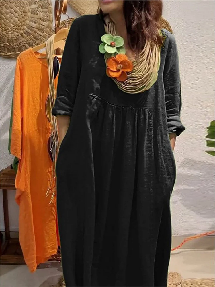 Athvotar Athvotar Spring And Summer Women's V-Neck Casual Solid Cotton Pocket Dress