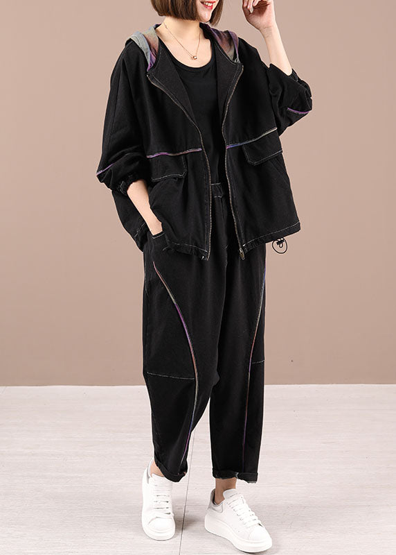 VCSHOES Black Loose Hooded Zippered Fall Two Pieces Set Long Sleeve