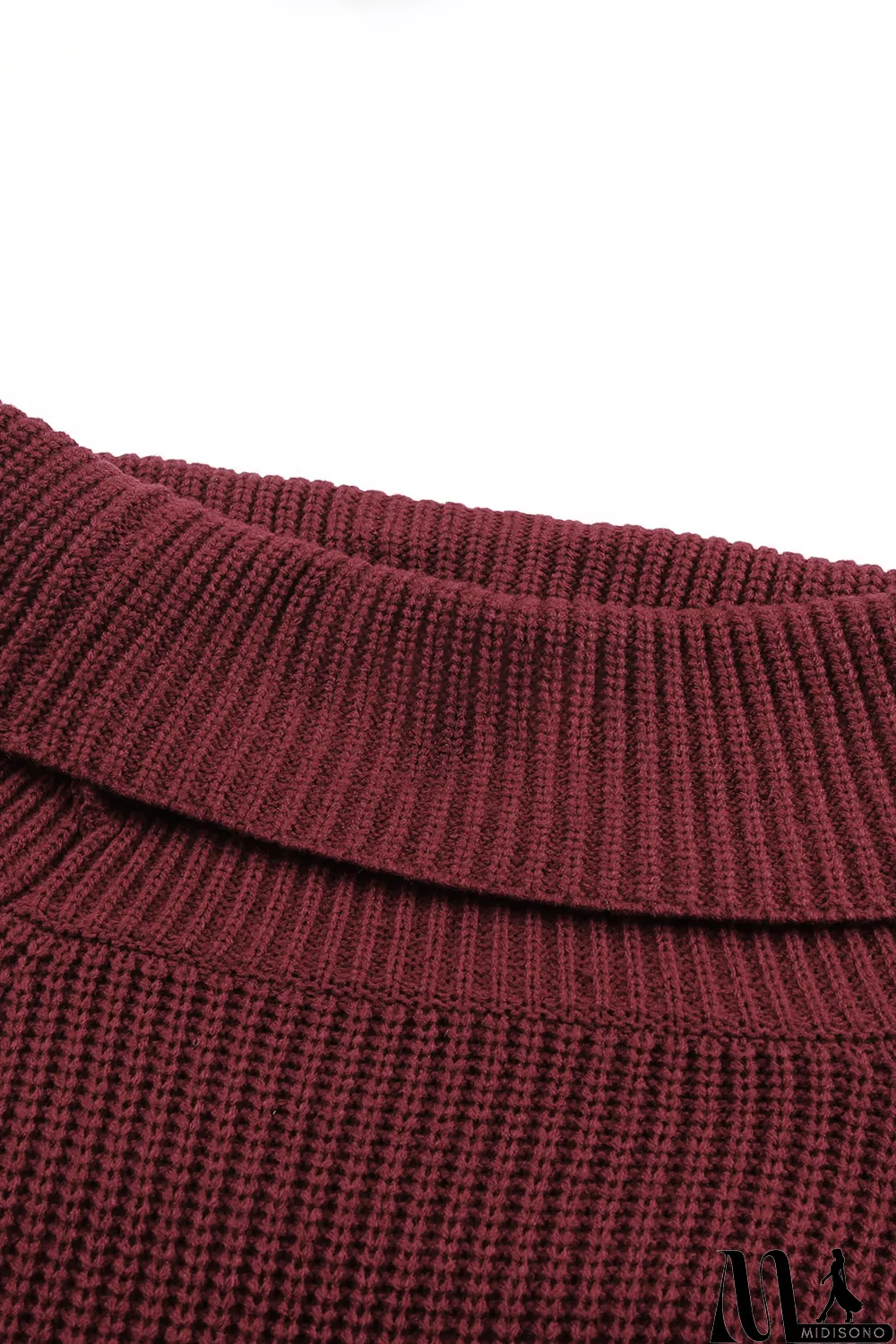MidiSono - Red Ribbed Knit Foldover Off Shoulder Sweater