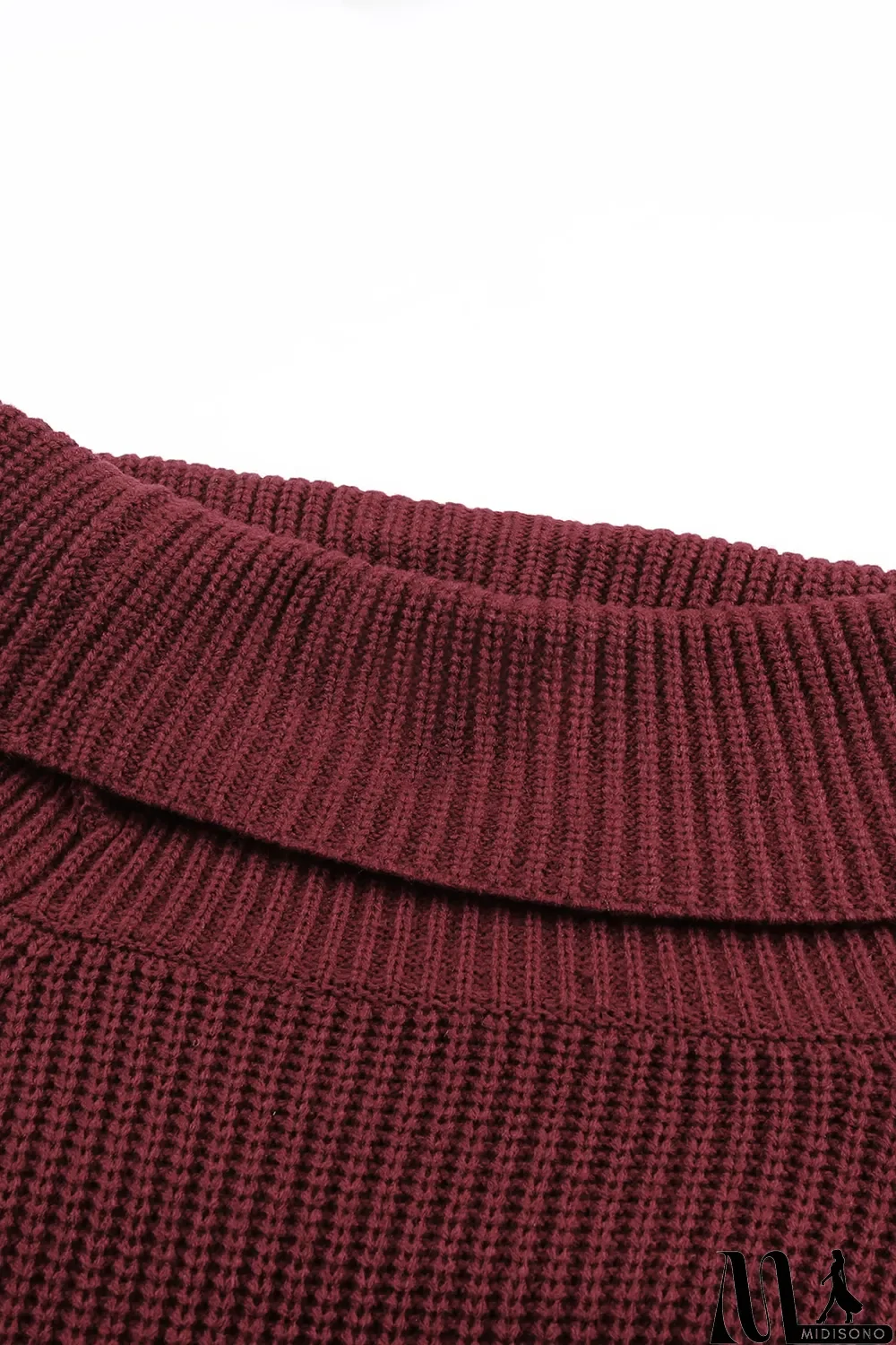 MidiSono - Red Ribbed Knit Foldover Off Shoulder Sweater