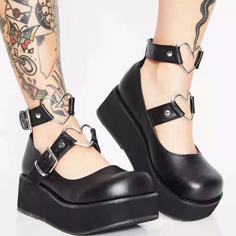 Gothic Black Casual PU Leather Heart-shaped Belt Decoration Shoes