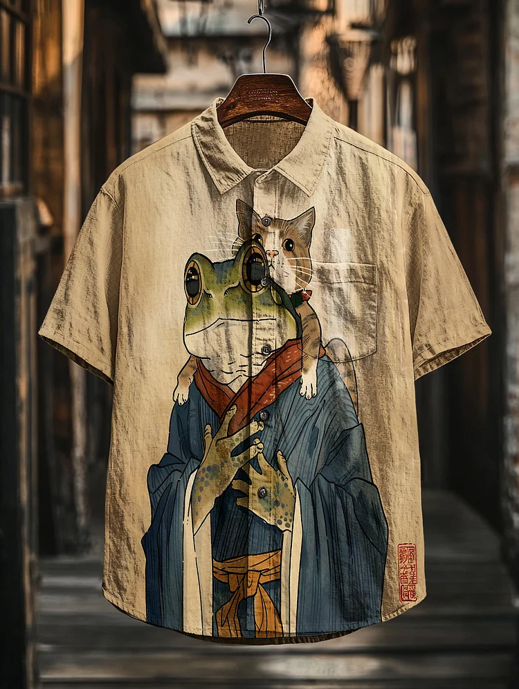 Men's Frog Carrying Cat On Its Back Japanese Art Print Short Sleeve Shirt