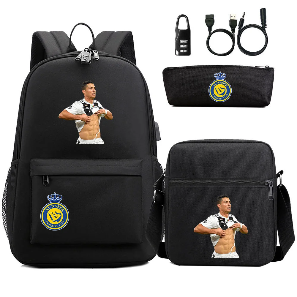 Buzzdaisy Cristiano Ronaldo-themed School Bag Set with USB Charging and Password Lock Function