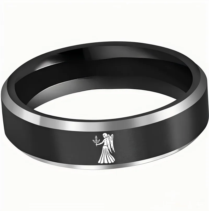 Beveled Edges Black Laser Etched Tungsten Carbide Rings Black Virgo Couple Wedding Bands 4MM 6MM 8MM