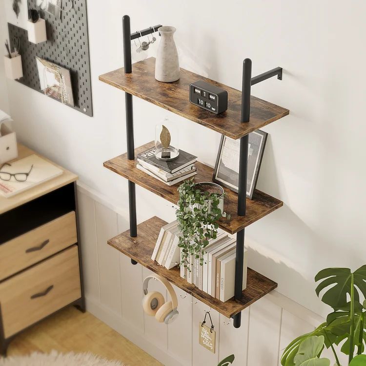 Bestier 38 inch Wall Mounted Floating Shelves with Towel Bar & Hooks Bookshelf