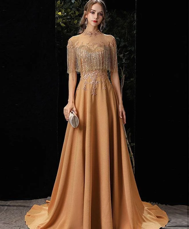 Gold Round Neck Satin Beads Long Prom Dress Gold Formal Dress