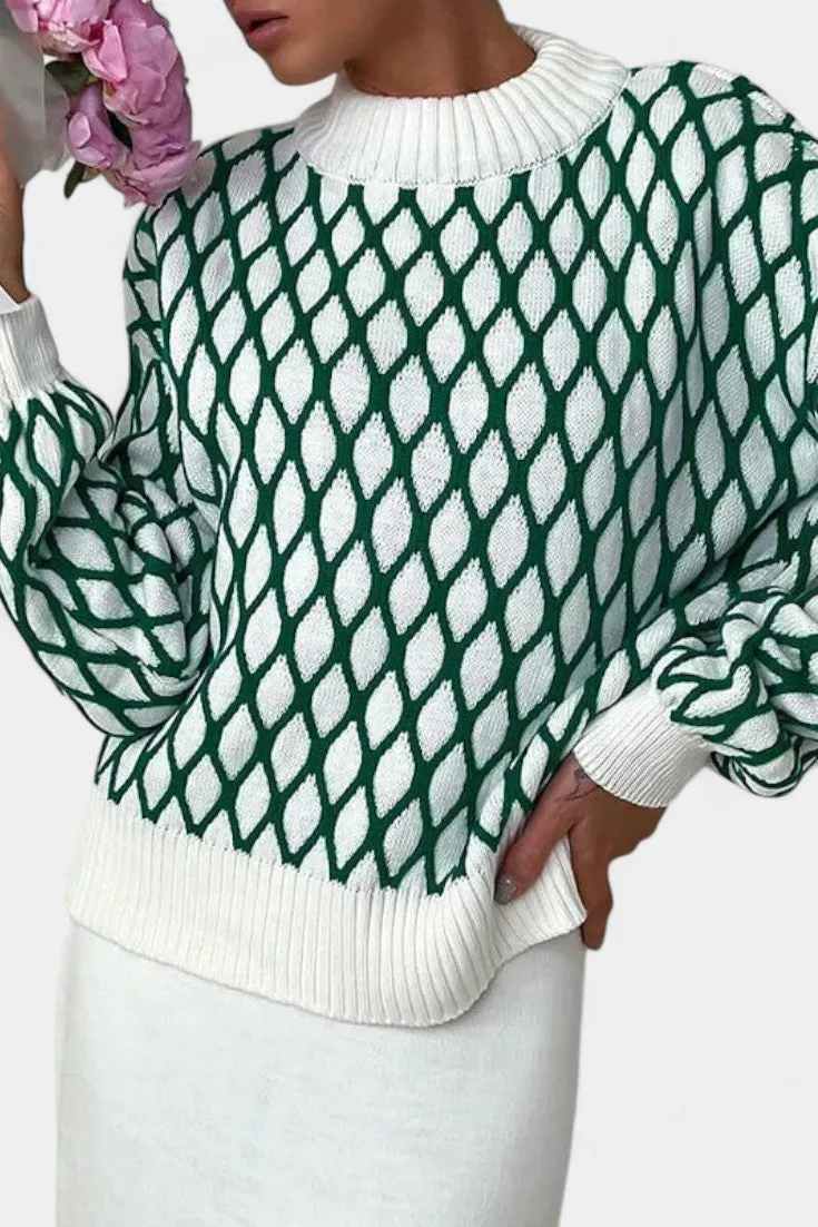 Oversized Geometric Knit Sweater with Mock Neck and Puff Sleeves