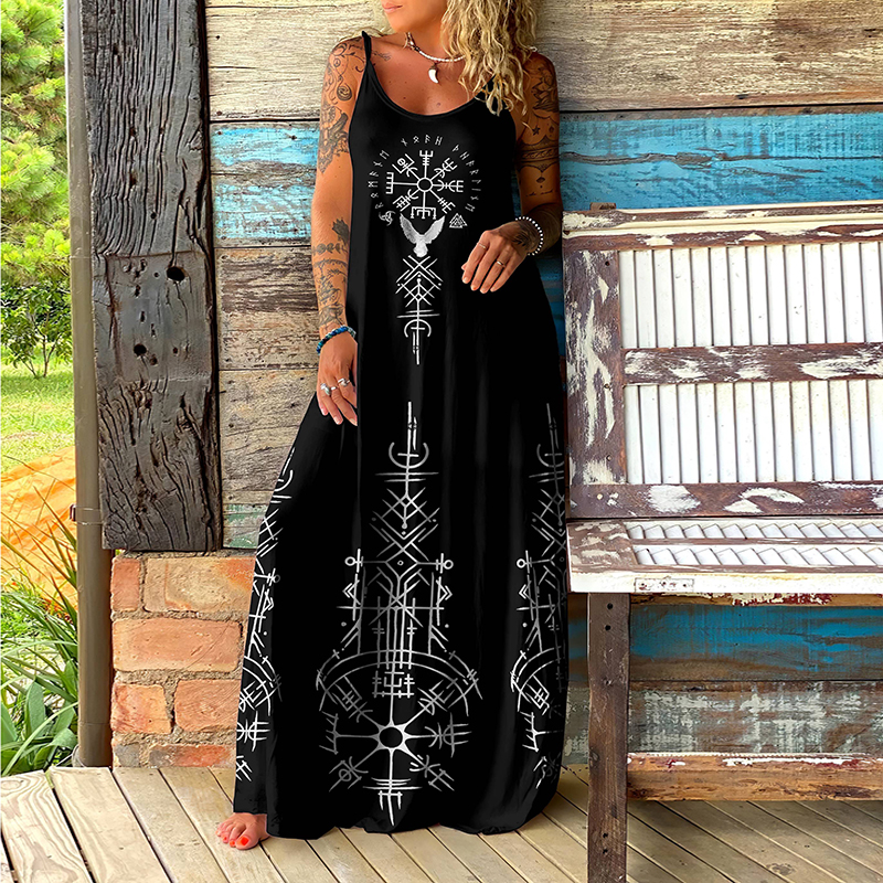Tribal Retro Viking Birds Ethnic Graphics Maxi Dress