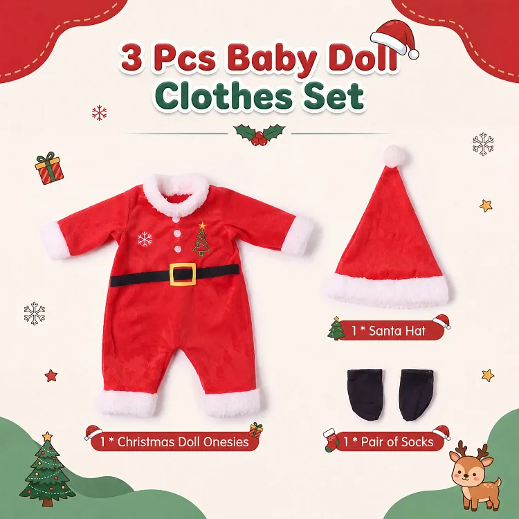 Santa Christmas Outfit Set for 12&ndash;16 Inch Silicone Reborn Baby Dolls &ndash; Holiday Onesie, Hat & Socks Doll Clothes