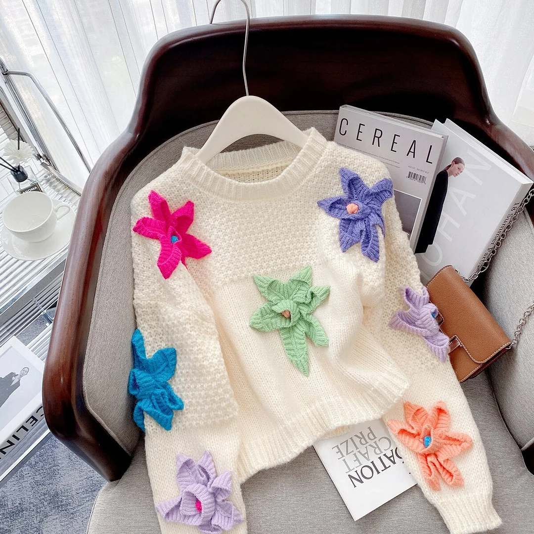 huibahe Hand-made Flower Knit Sweater Pullover Women Autumn Winter Chic Fashion Ladies Tops Long Sleeve O-neck Jumper 2023