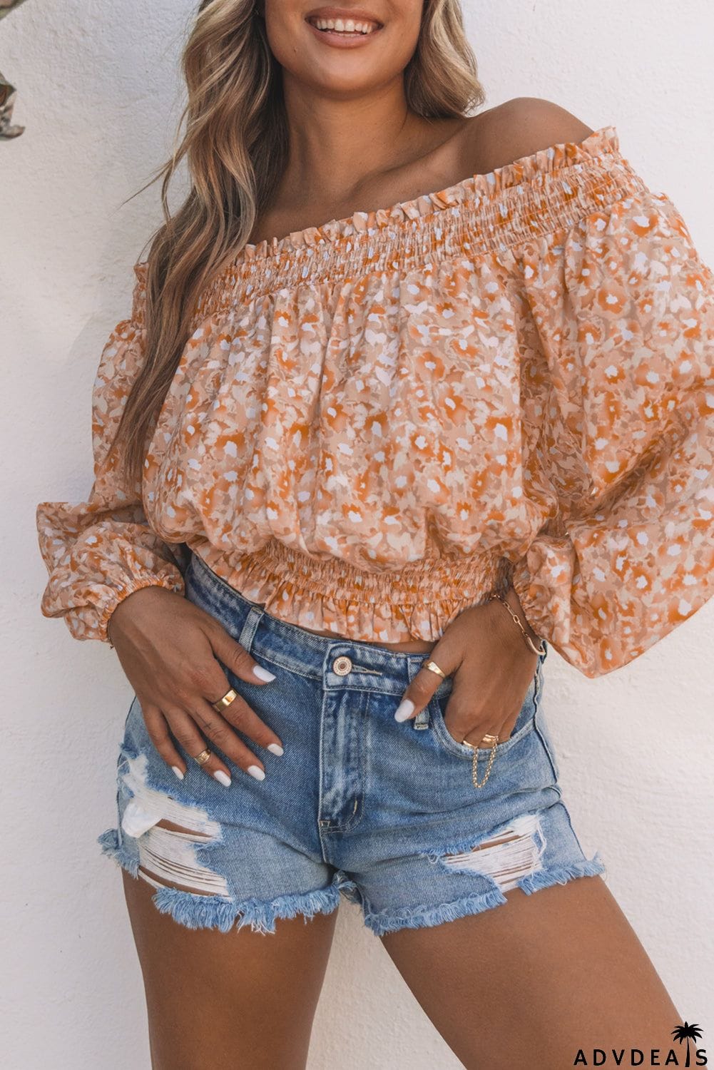 Ruffled Shirred Off Shoulder Floral Top