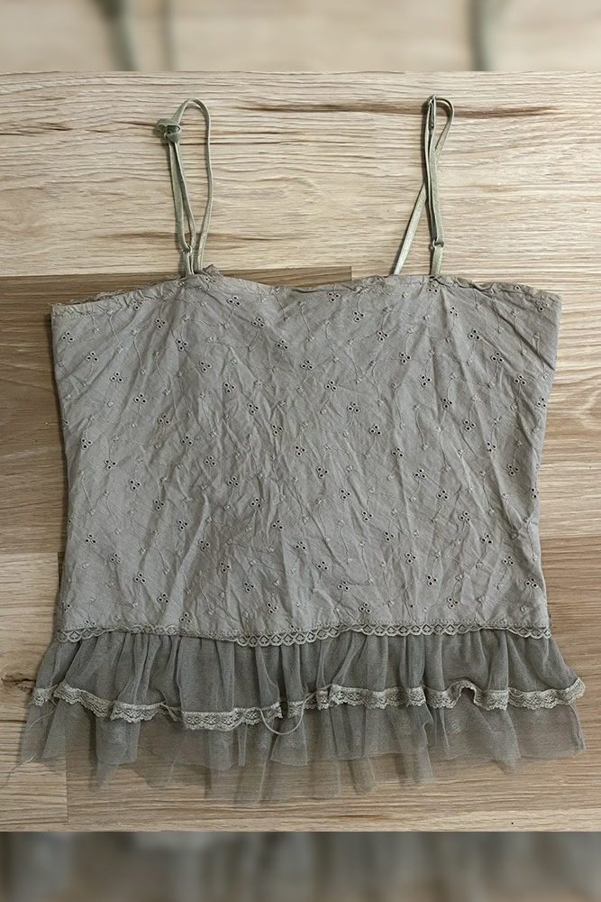 Eyelet Lace Cross Ribbon Mesh Hem Retro Cami Tank Top