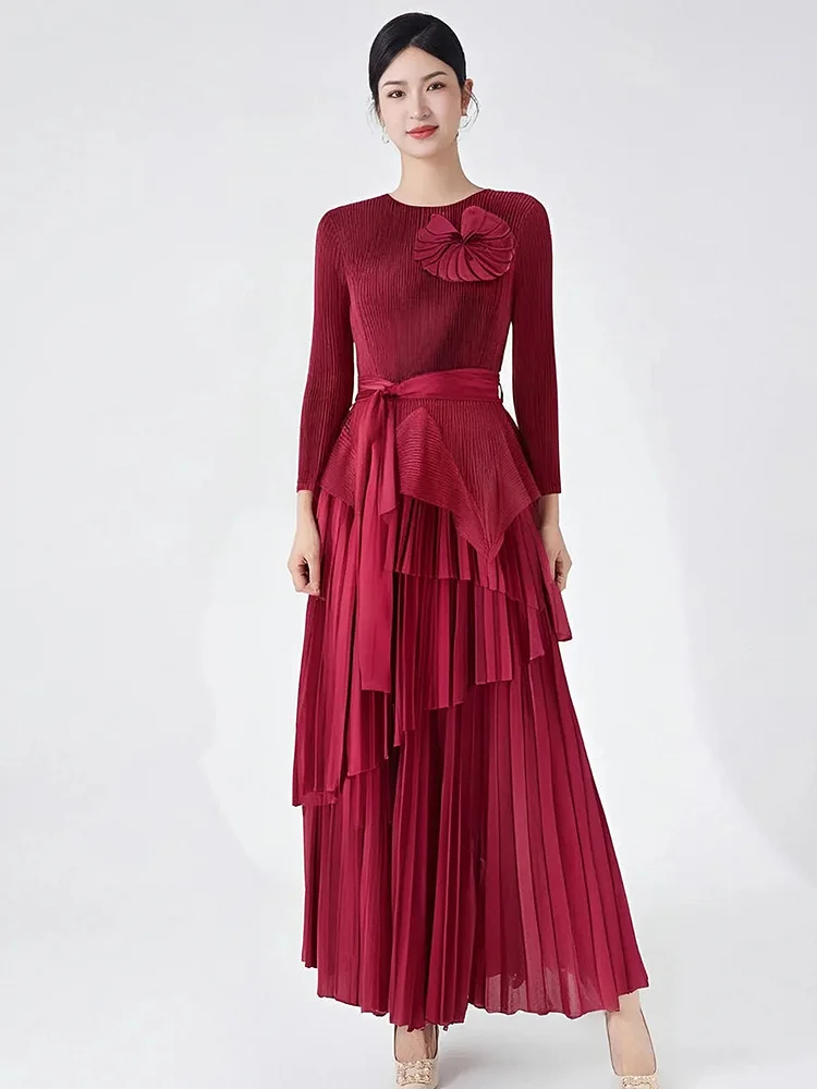 Party Red O-neck Pleated Long Sleeve Top And Asymmetrical Pleated Skirt Set