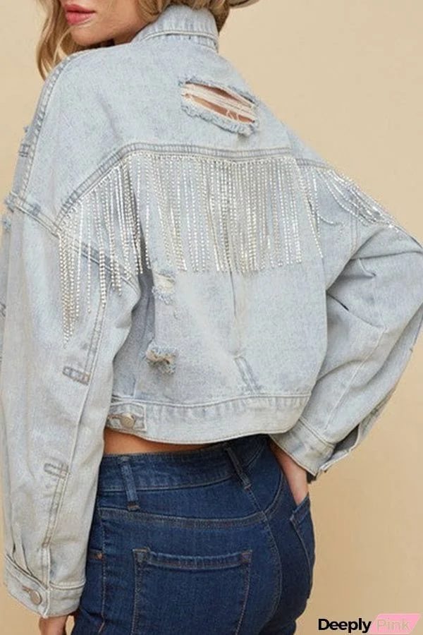 Ripped Rhinestone Fringed Denim Jacket