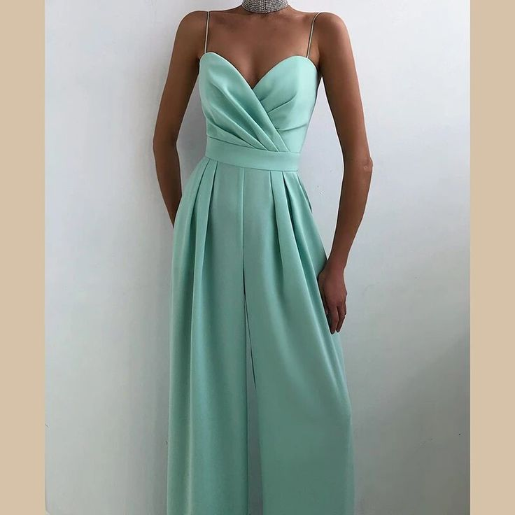 Lvs&Broner Pleated Sage Green Spaghetti Strap Sleeveless High Waist Long Wid-Leg Jumpsuit