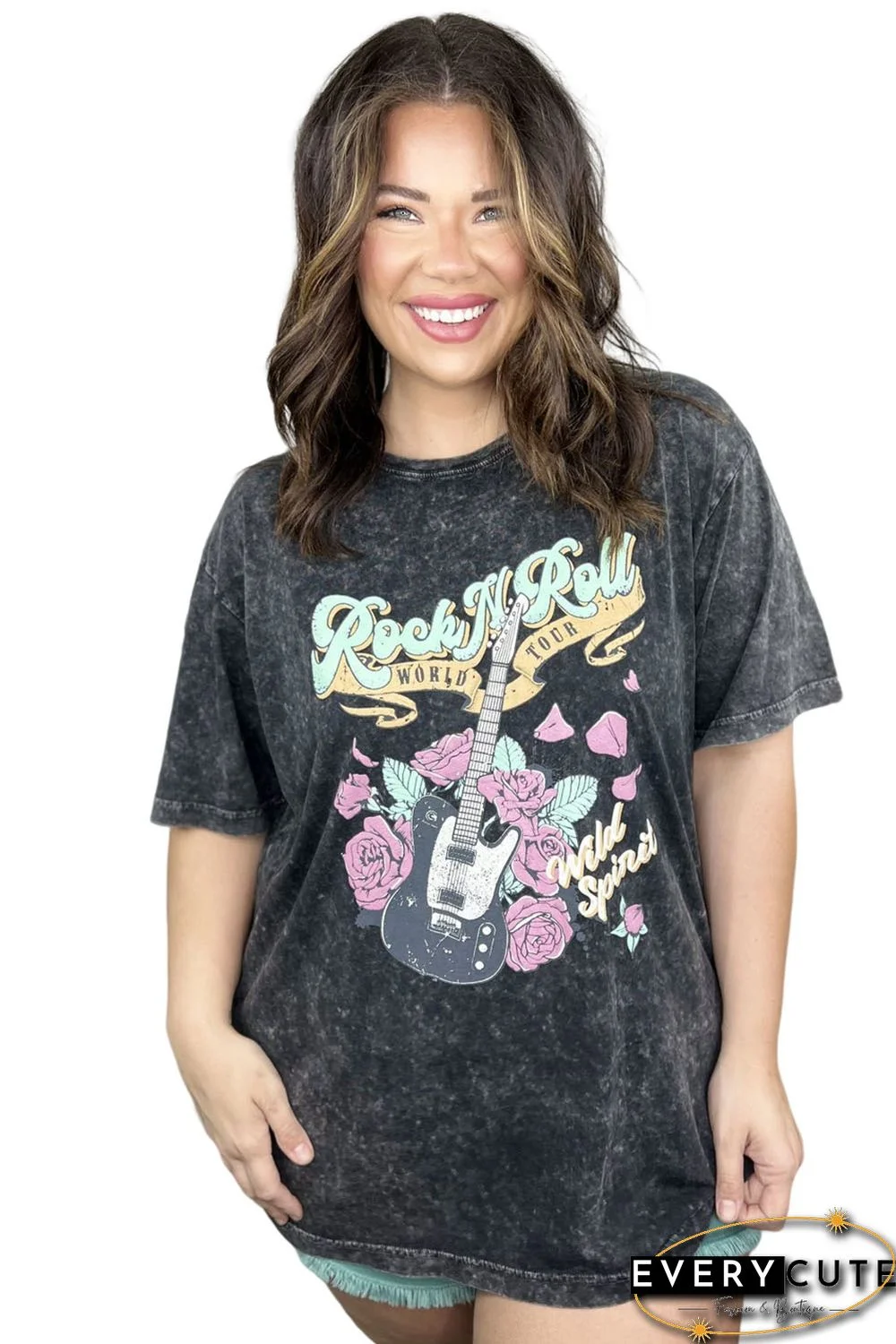 Gray Plus Size Retro Guitar Roses Graphic Washed T-shirt