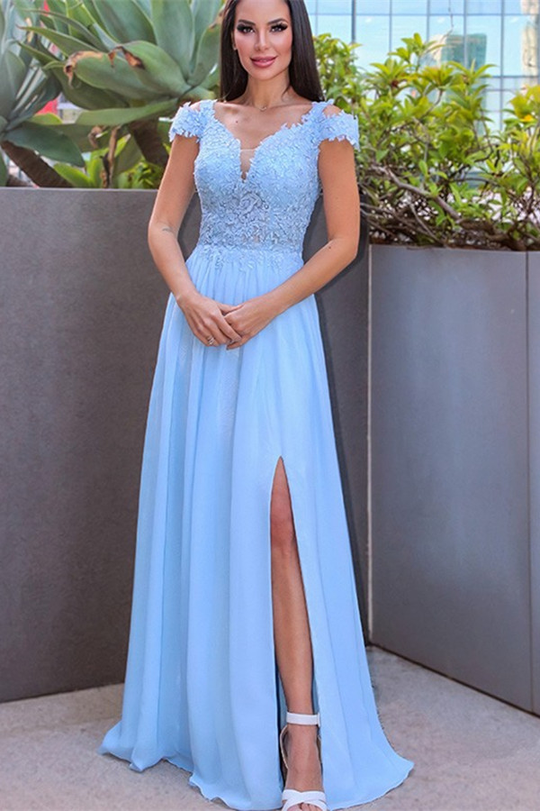 Bellasprom Cap Sleeves Sky Blue Prom Dress Appliques With Slit Long Bellasprom