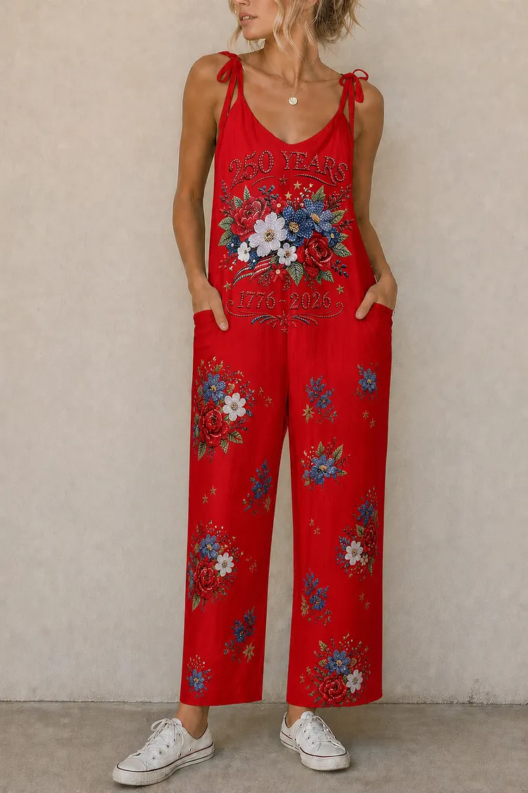 Women&rsquo;s Red Floral Celebration Suspender Jumpsuit