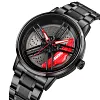 New Car Wheel Rim Watch With Scroll Creative Fashion Analog Watch, Black Dial Zinc Alloy Case Men's Watch, Stainless Steel Black Strap, Quartz Movement, Waterproof And Scratch-Resistant