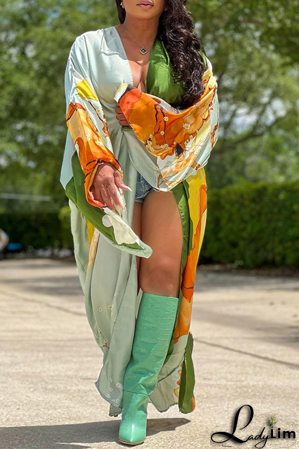 Black Fashion Print Patchwork Cardigan Collar Outerwear(Without belt)