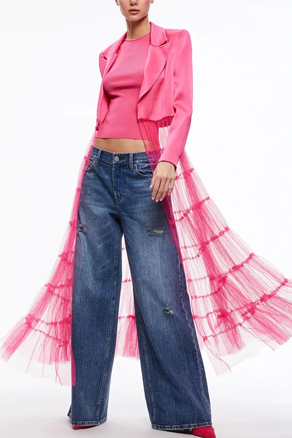 Incredibly Special Flowy Satin Layered Tulle Patchwork Midi Blazer