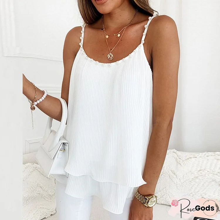 Sexy Sling O Neck Two Layer Tank Top Women Summer Fashion Sleeveless Pearl Design Tops Ladies Casual Pleated Loose Solid Blouse