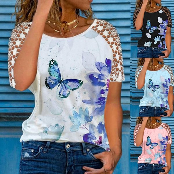 Summer Women's Short Sleeve Casual Butterfly Printed Round Neck Short Sleeve Shirt Plus Size - Shop Trendy Women's Clothing | LoverChic