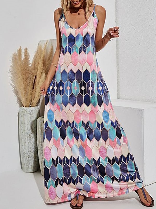 Summer casual printed suspender sexy maxi dress
