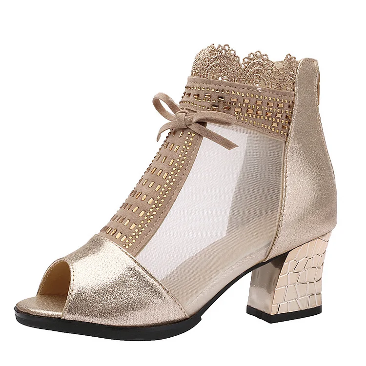 Tacones de malla de boca de pescado de encaje para mujer